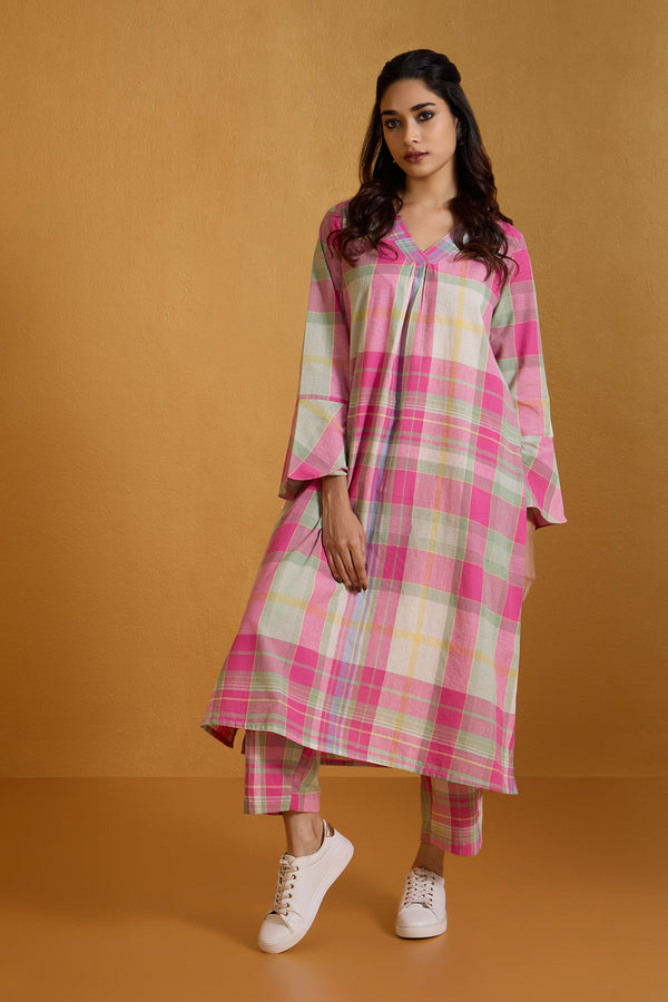 Maati Craft Co-ord Set Fuchsia Plaid Dream Modern Long Tunic Kurta & Pants