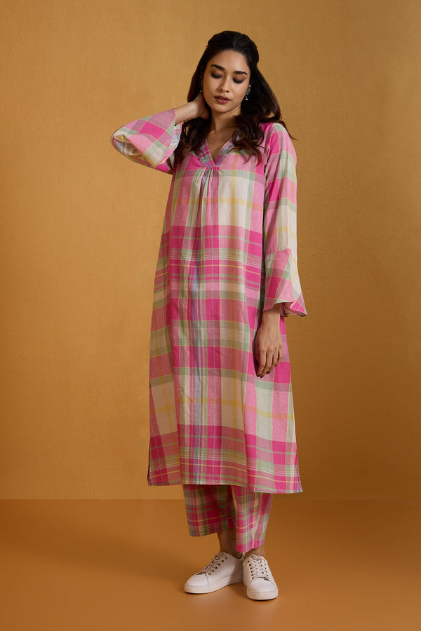 Maati Craft Co-ord Set Fuchsia Plaid Dream Modern Long Tunic Kurta & Pants