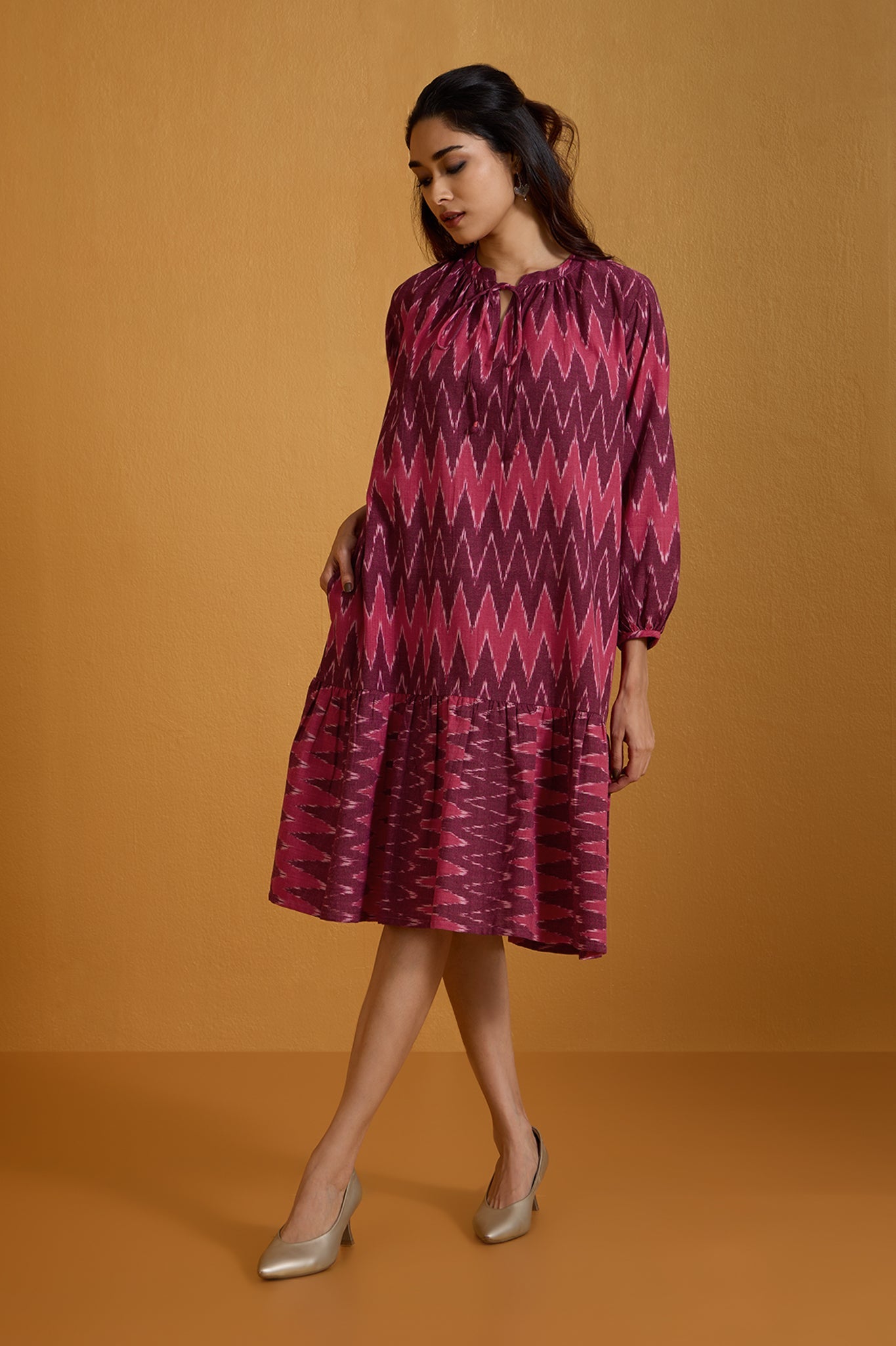 Maati Craft Crimson Chevron Ruffle Midi Dress