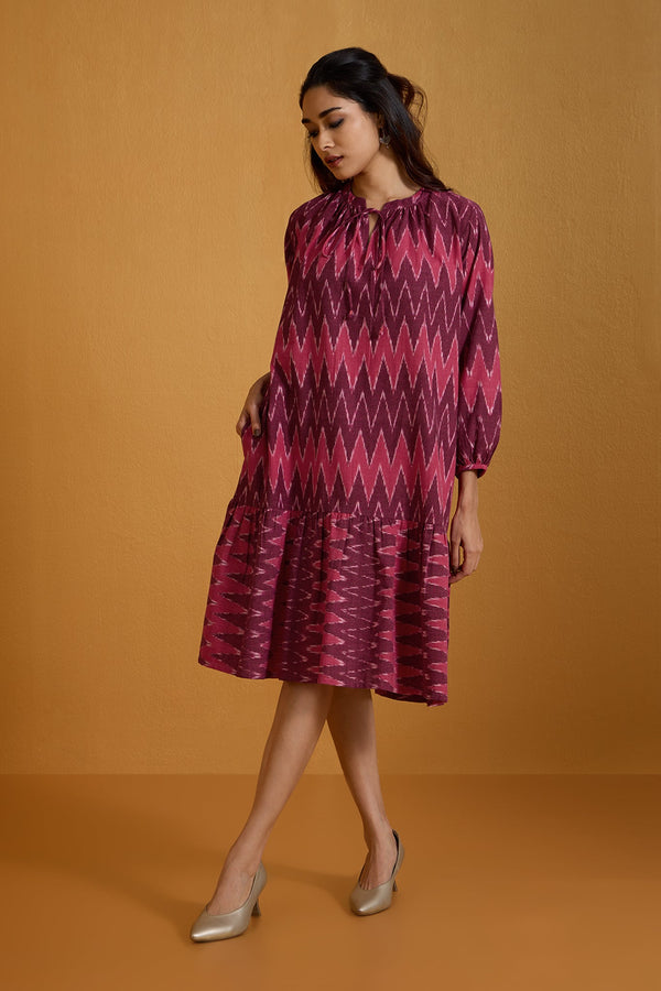 Maati Craft Crimson Chevron Ruffle Midi Dress