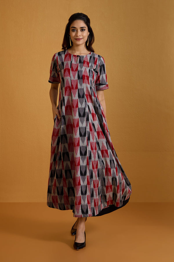 Maati Craft Charcoal Ruby Checks Long Maxi Dress with Sleeves