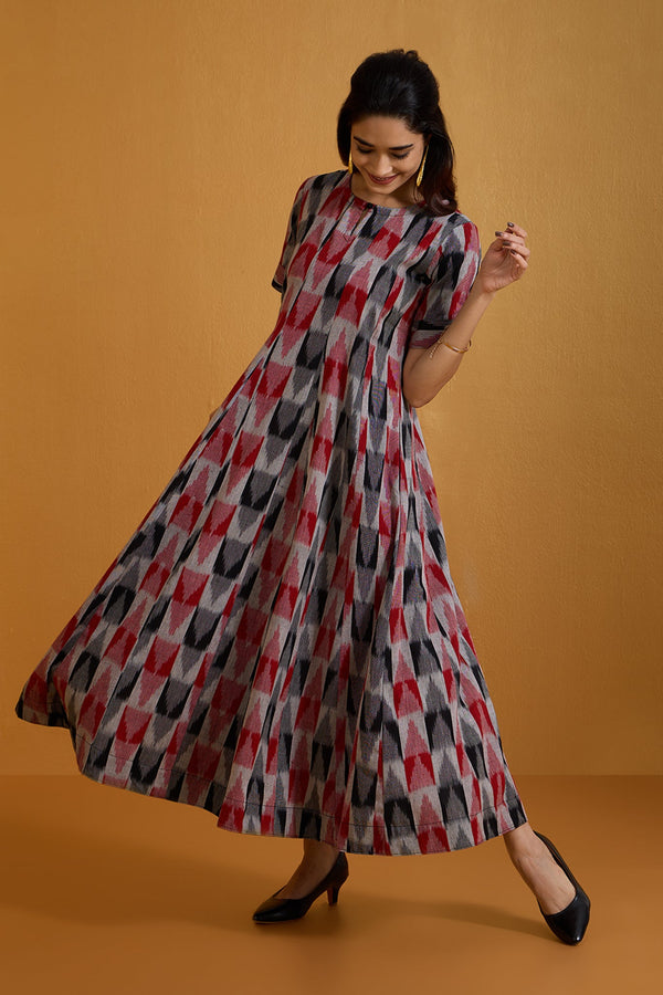 Maati Craft Charcoal Ruby Checks Long Maxi Dress with Sleeves