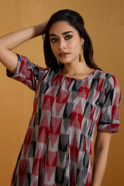 Maati Craft Charcoal Ruby Checks Long Maxi Dress with Sleeves