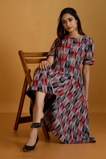 Maati Craft Charcoal Ruby Checks Long Maxi Dress with Sleeves