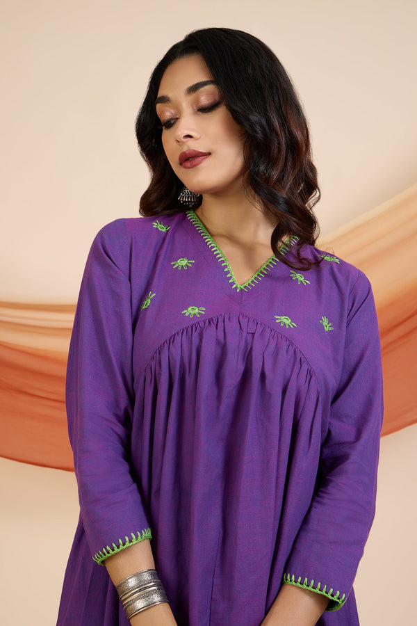Maati Craft Co-ord Set Vivid Violet & Lime V-Neck Gather Anarkali (Set of 2)