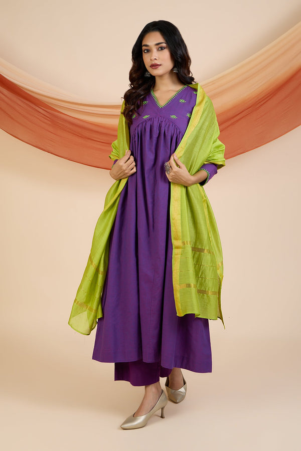 Maati Craft Co-ord Set Vivid Violet & Lime V-Neck Gather Anarkali (Set of 2)