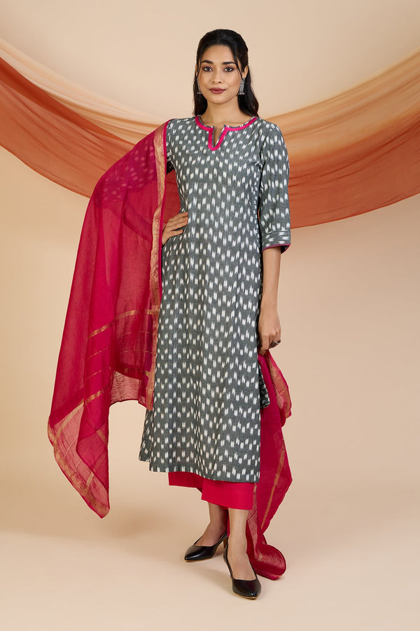 Maati Craft Ash Rose Sprinkle Ikat Long Kurta with Side Twist