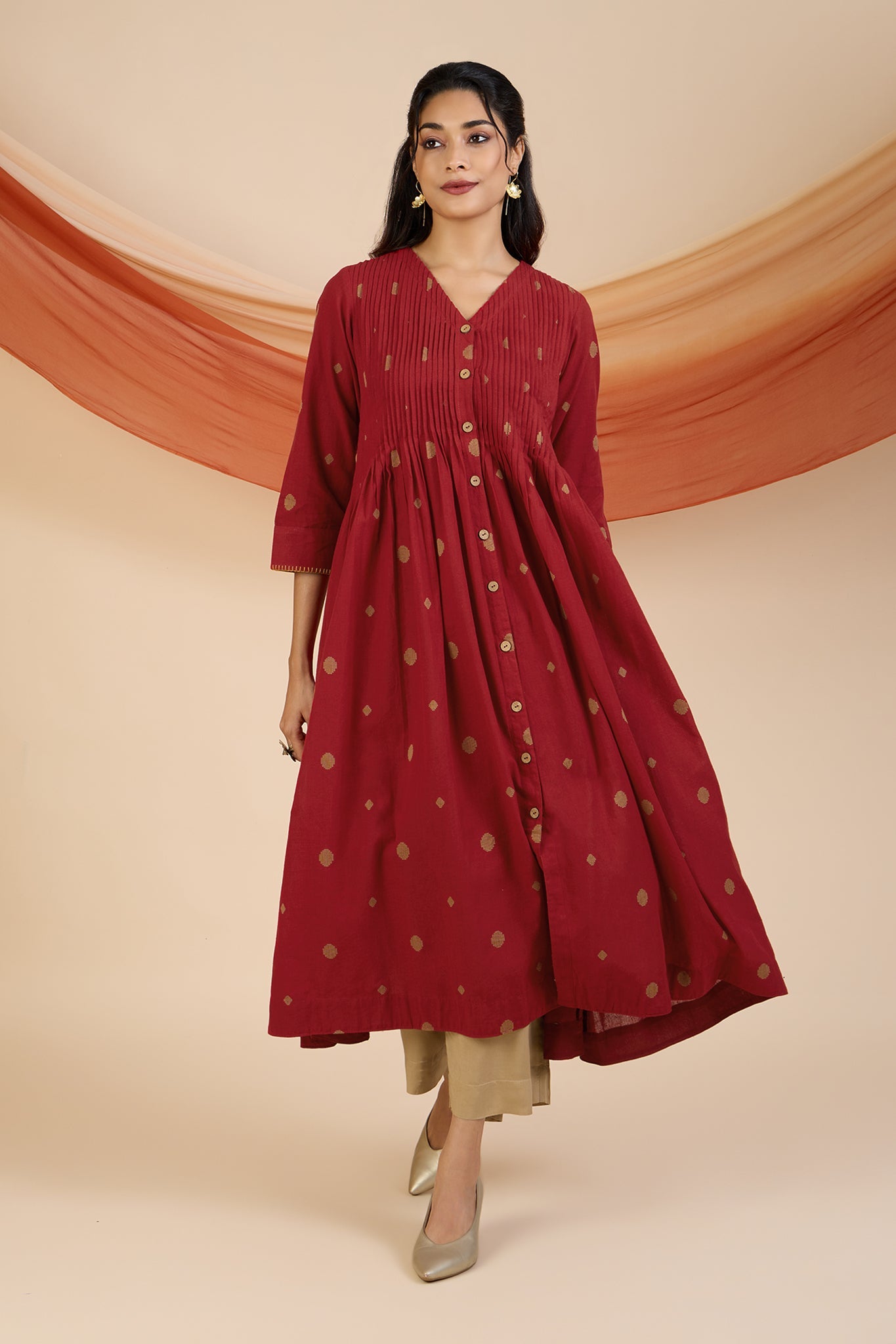 Maati Craft Gilded Crimson Polka V-neck Infinity Pintuck Dress