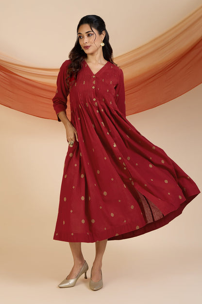 Maati Craft Gilded Crimson Polka V-neck Infinity Pintuck Dress