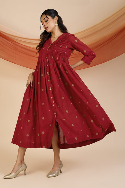 Maati Craft Gilded Crimson Polka V-neck Infinity Pintuck Dress