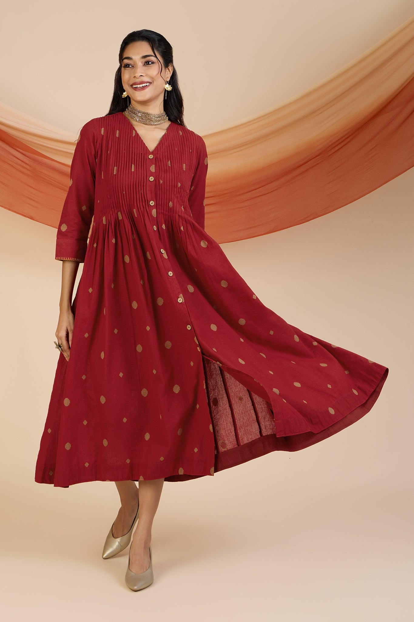 Maati Craft Gilded Crimson Polka V-neck Infinity Pintuck Dress