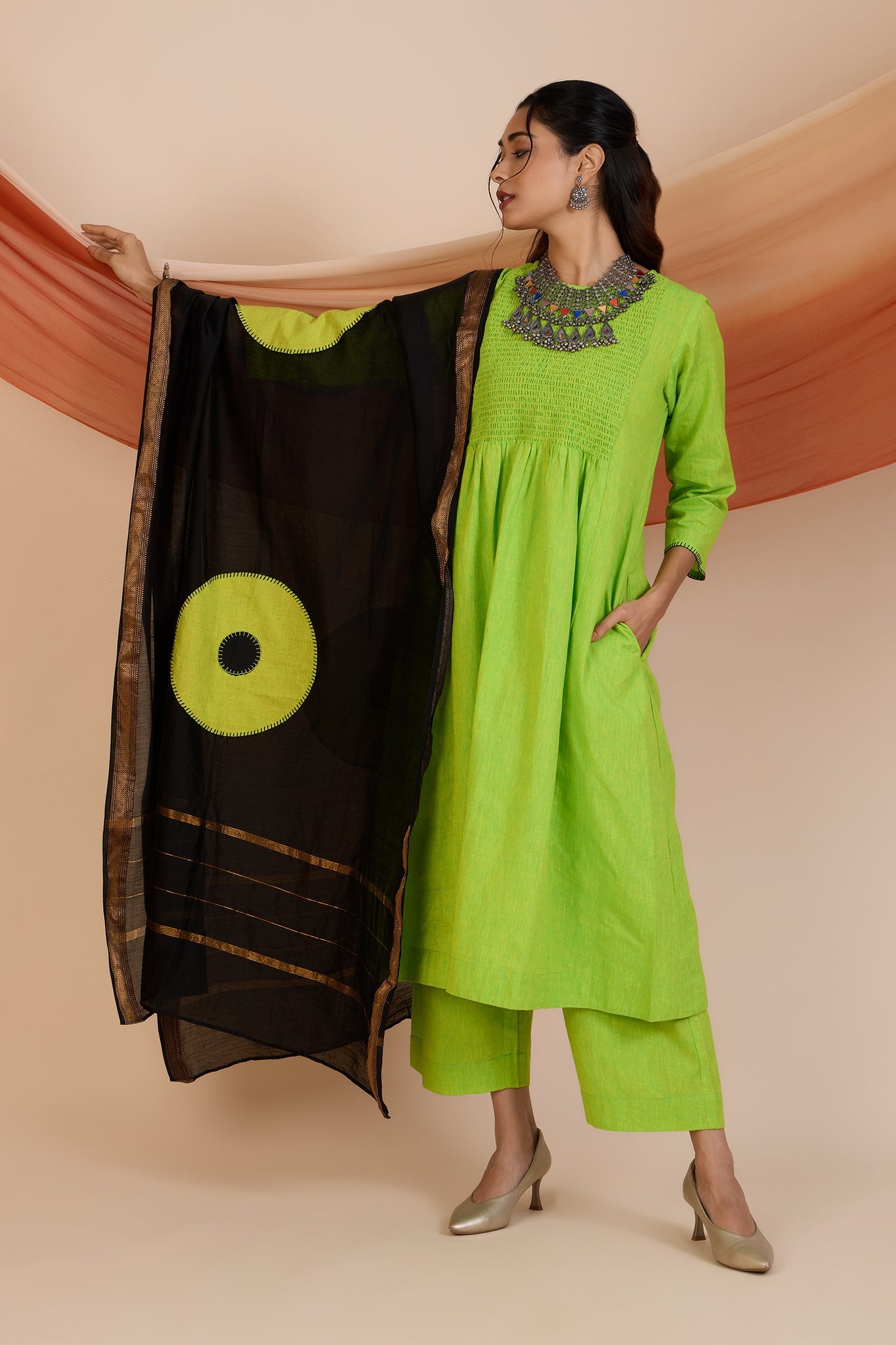 Maati Craft Co-ord Set Zest of Dawn Smocked Yoke Kurta & Pants