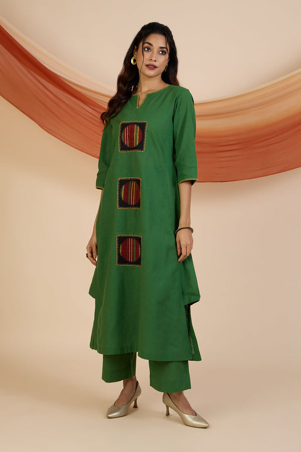 Maati Craft Co-ord Set Forest Carnival Long Kurta with Side Twist & Applique