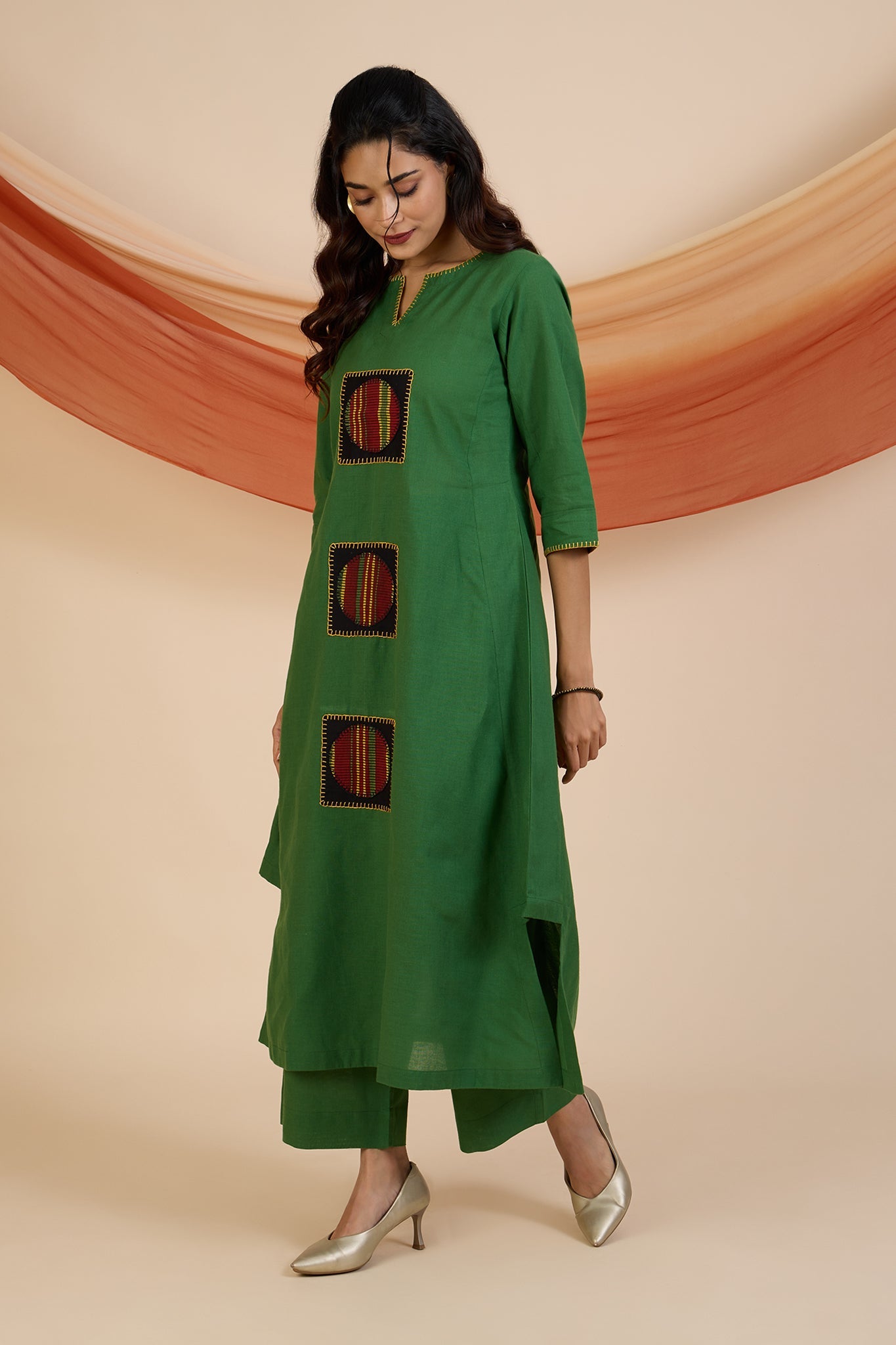 Maati Craft Co-ord Set Forest Carnival Long Kurta with Side Twist & Applique