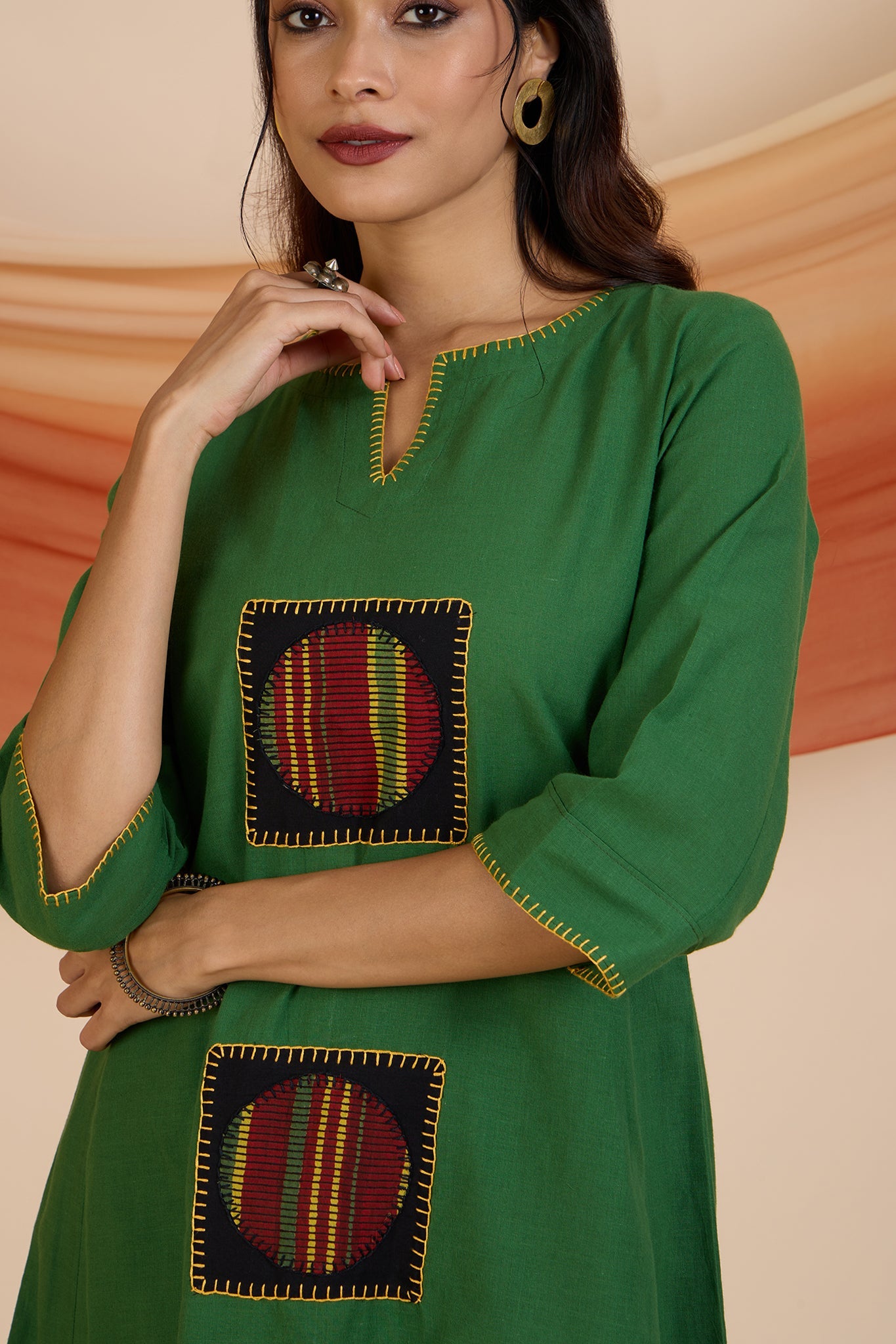 Maati Craft Co-ord Set Forest Carnival Long Kurta with Side Twist & Applique