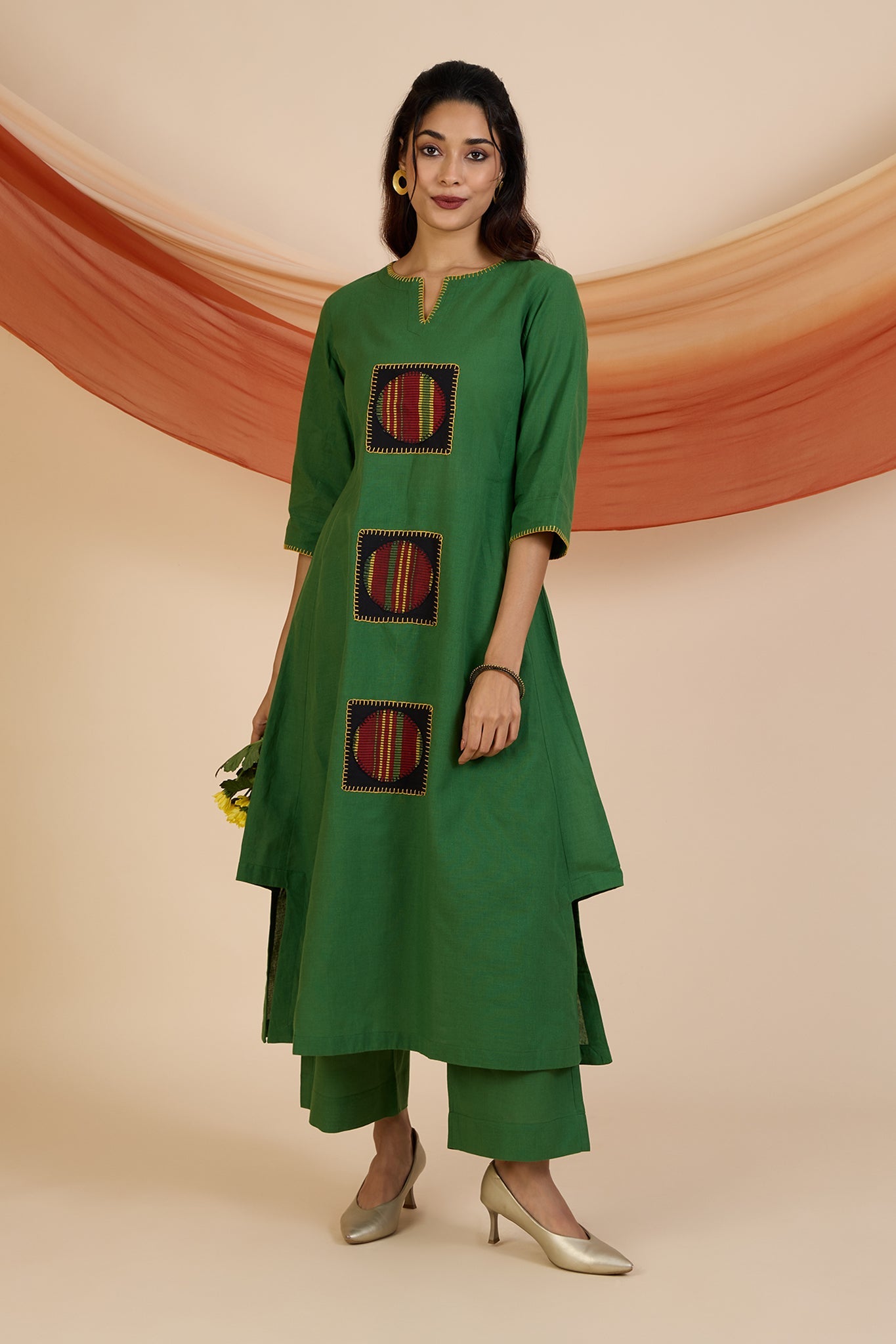 Maati Craft Co-ord Set Forest Carnival Long Kurta with Side Twist & Applique