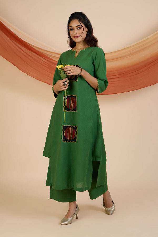 Maati Craft Co-ord Set Forest Carnival Long Kurta with Side Twist & Applique