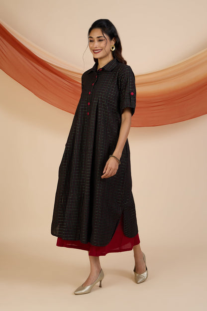 Maati Craft Ebony Gold Grid Box Pleat Shirt Dress