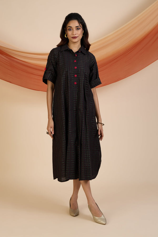 Maati Craft Ebony Gold Grid Box Pleat Shirt Dress