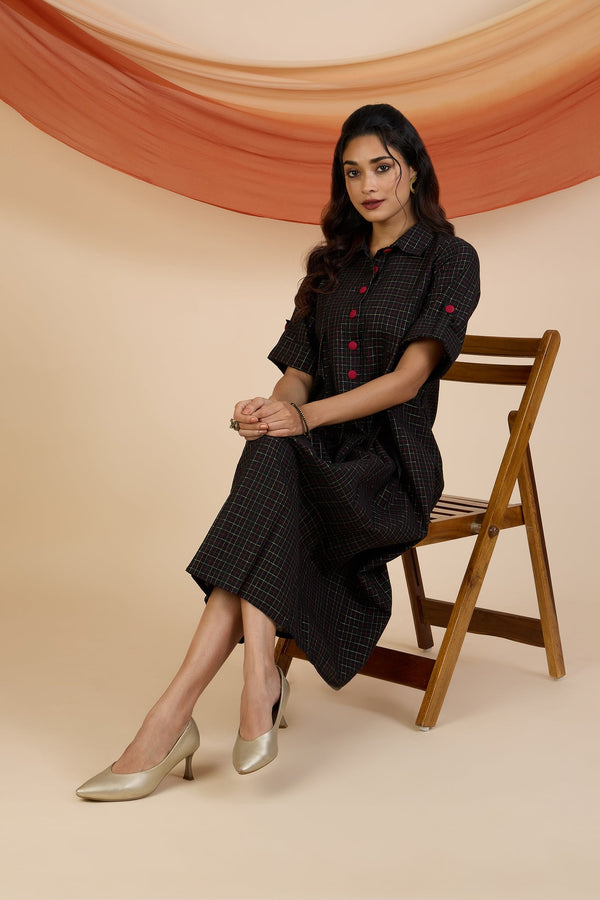 Maati Craft Ebony Gold Grid Box Pleat Shirt Dress