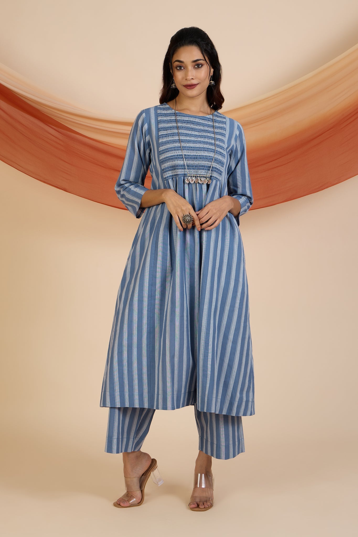 Maati Craft Co-ord Set Stormlight Stripes Smocked Yoke Kurta & Pants