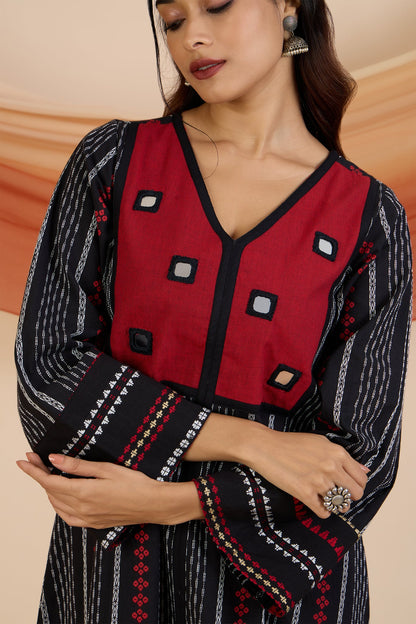 Maati Craft Crimson Reflections Boho Dress with Yoke & Funnel Sleeves