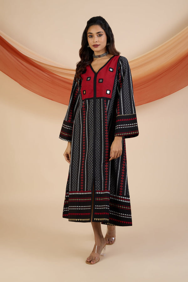 Maati Craft Crimson Reflections Boho Dress with Yoke & Funnel Sleeves
