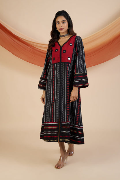 Maati Craft Crimson Reflections Boho Dress with Yoke & Funnel Sleeves