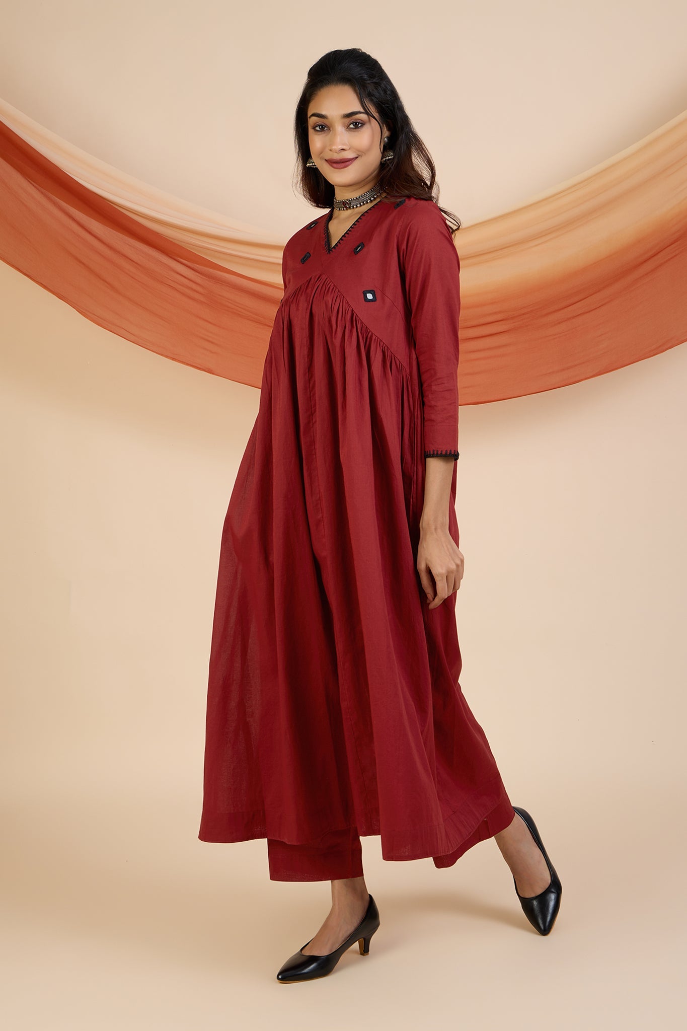Maati Craft Rust & Noir Reverie V-Neck Gather Anarkali