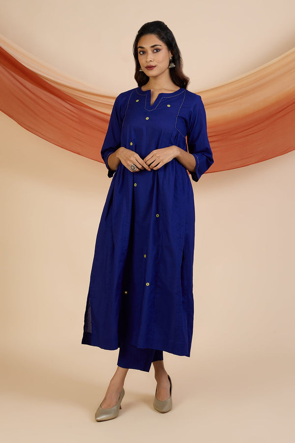 Maati Craft Co-ord Set Sapphires & Emerald Side Gather A-Line Kurta & Pants