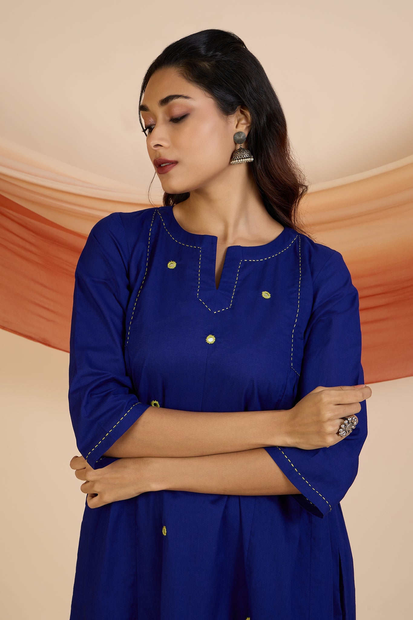 Maati Craft Co-ord Set Sapphires & Emerald Side Gather A-Line Kurta & Pants