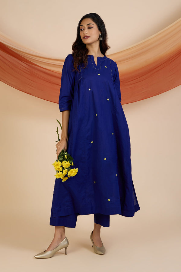 Maati Craft Co-ord Set Sapphires & Emerald Side Gather A-Line Kurta & Pants