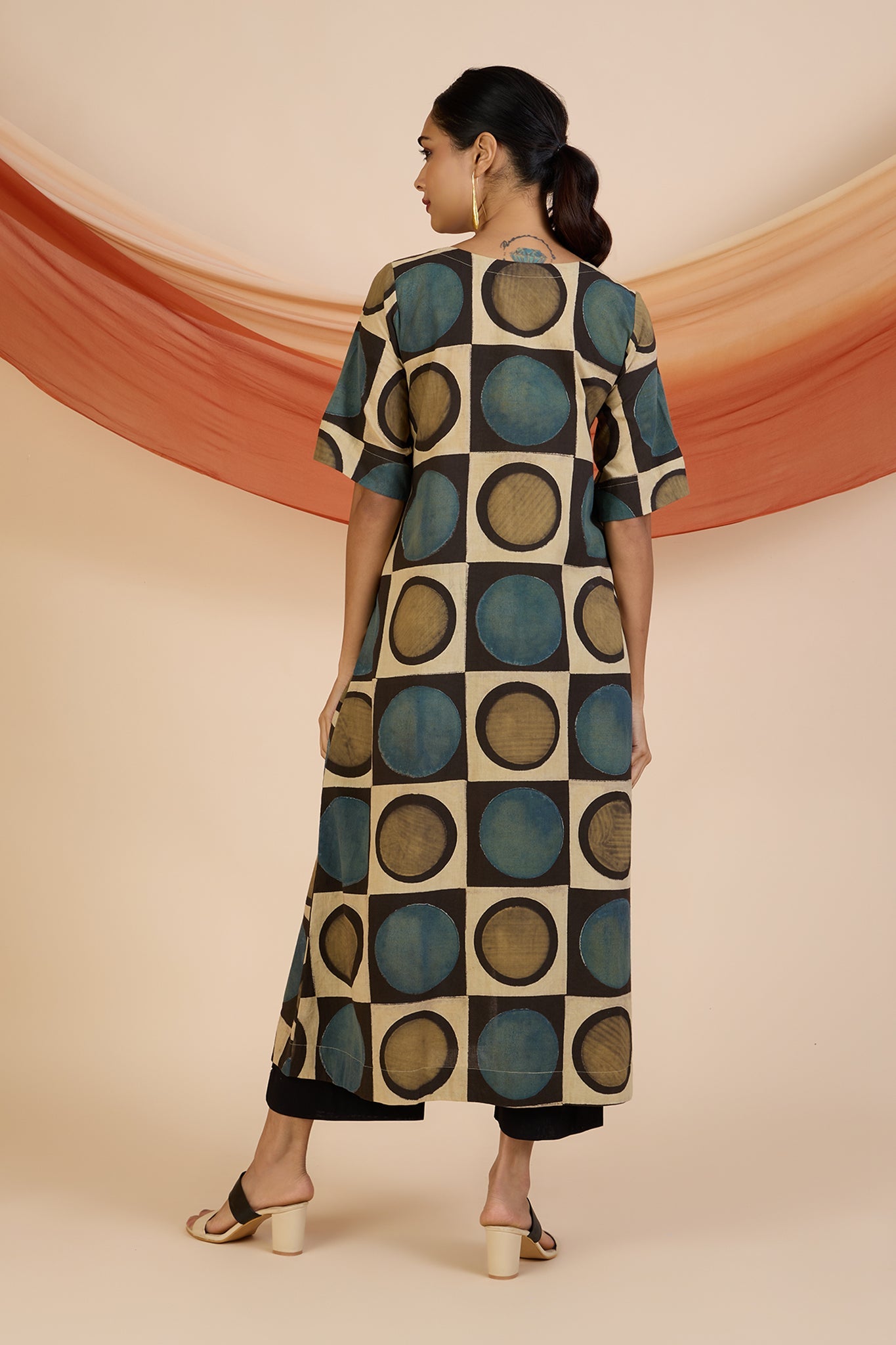 Henna Dust Indigo Ajrakh Side Button Adjustable Slit Kurta Top Mc