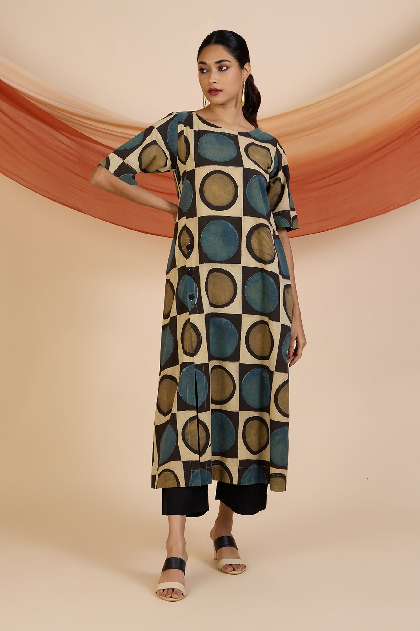 Henna Dust Indigo Ajrakh Side Button Adjustable Slit Kurta Top Mc