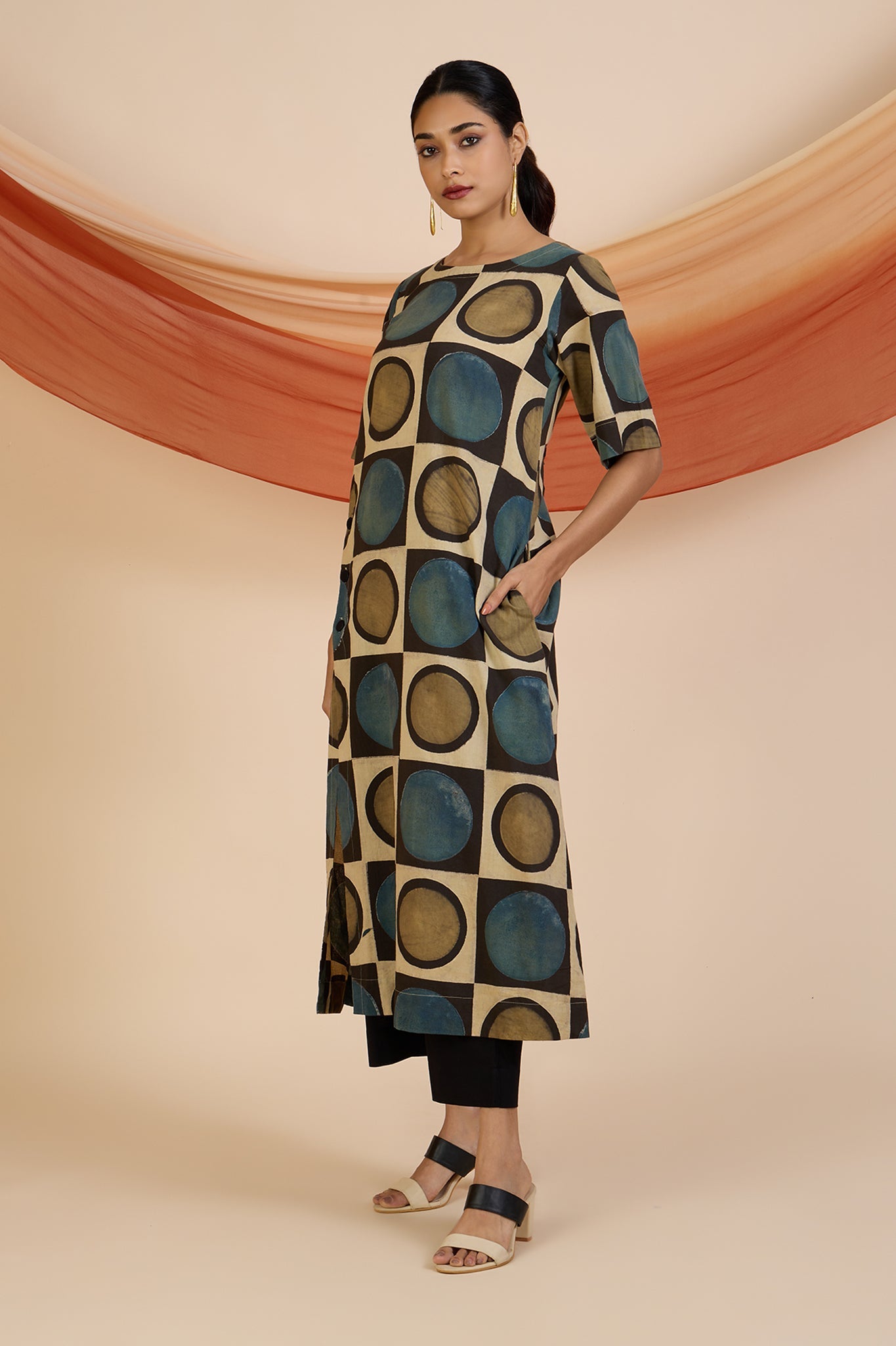Henna Dust Indigo Ajrakh Side Button Adjustable Slit Kurta Top Mc