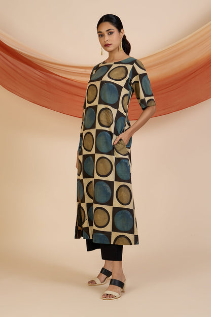 Henna Dust Indigo Ajrakh Side Button Adjustable Slit Kurta Top Mc