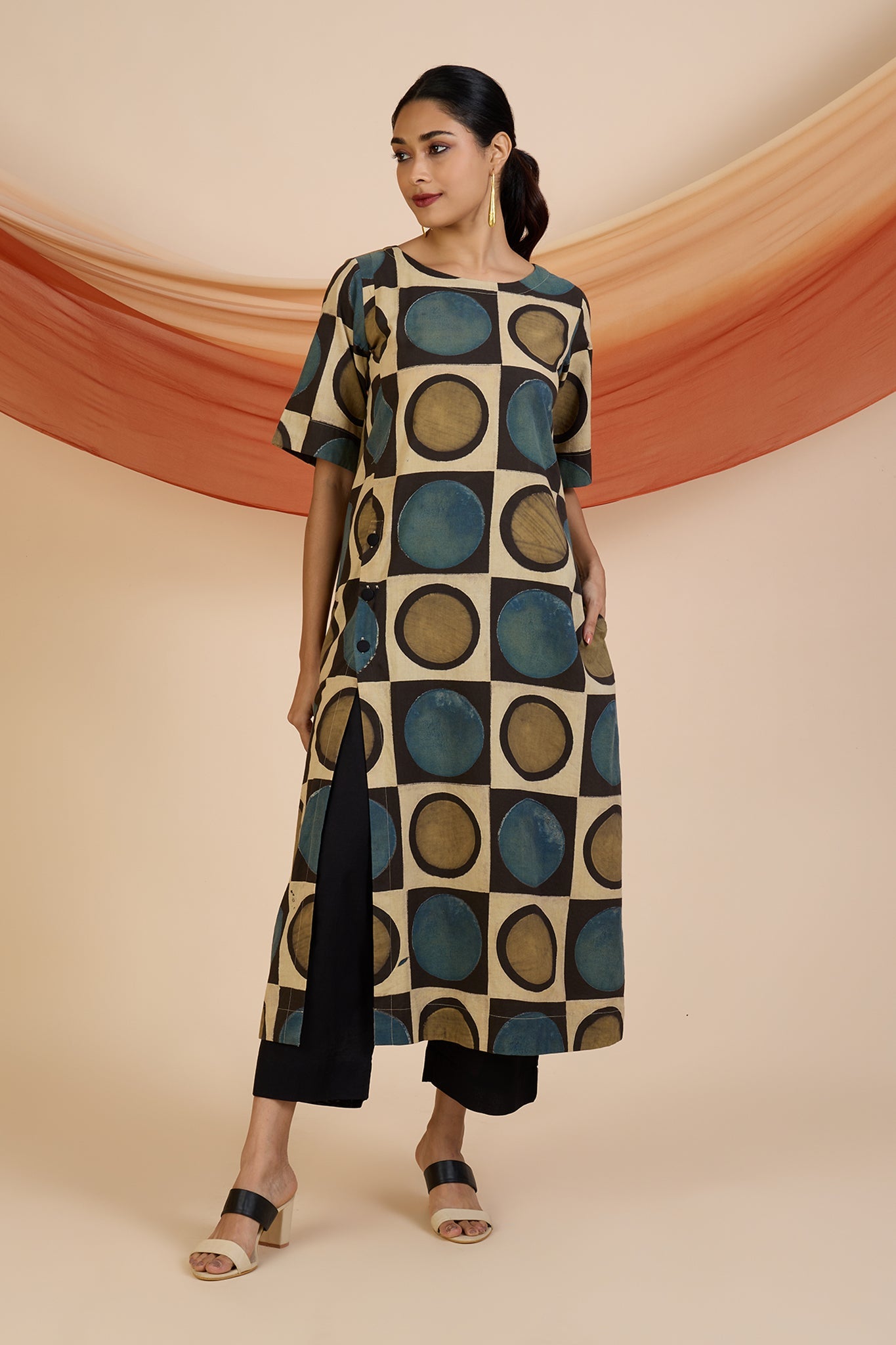 Henna Dust Indigo Ajrakh Side Button Adjustable Slit Kurta Top Mc