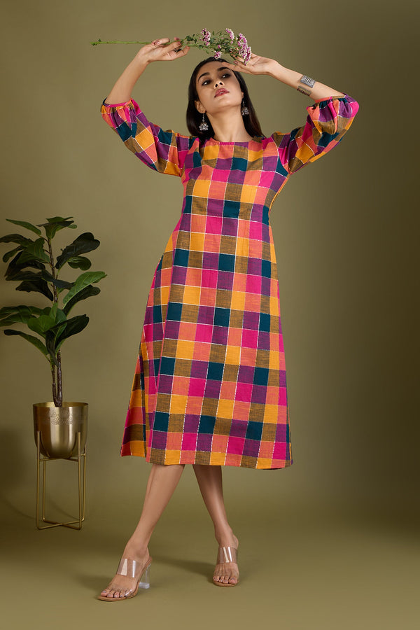 Maati Craft Prismatic Checks Peasant Sleeve Dress