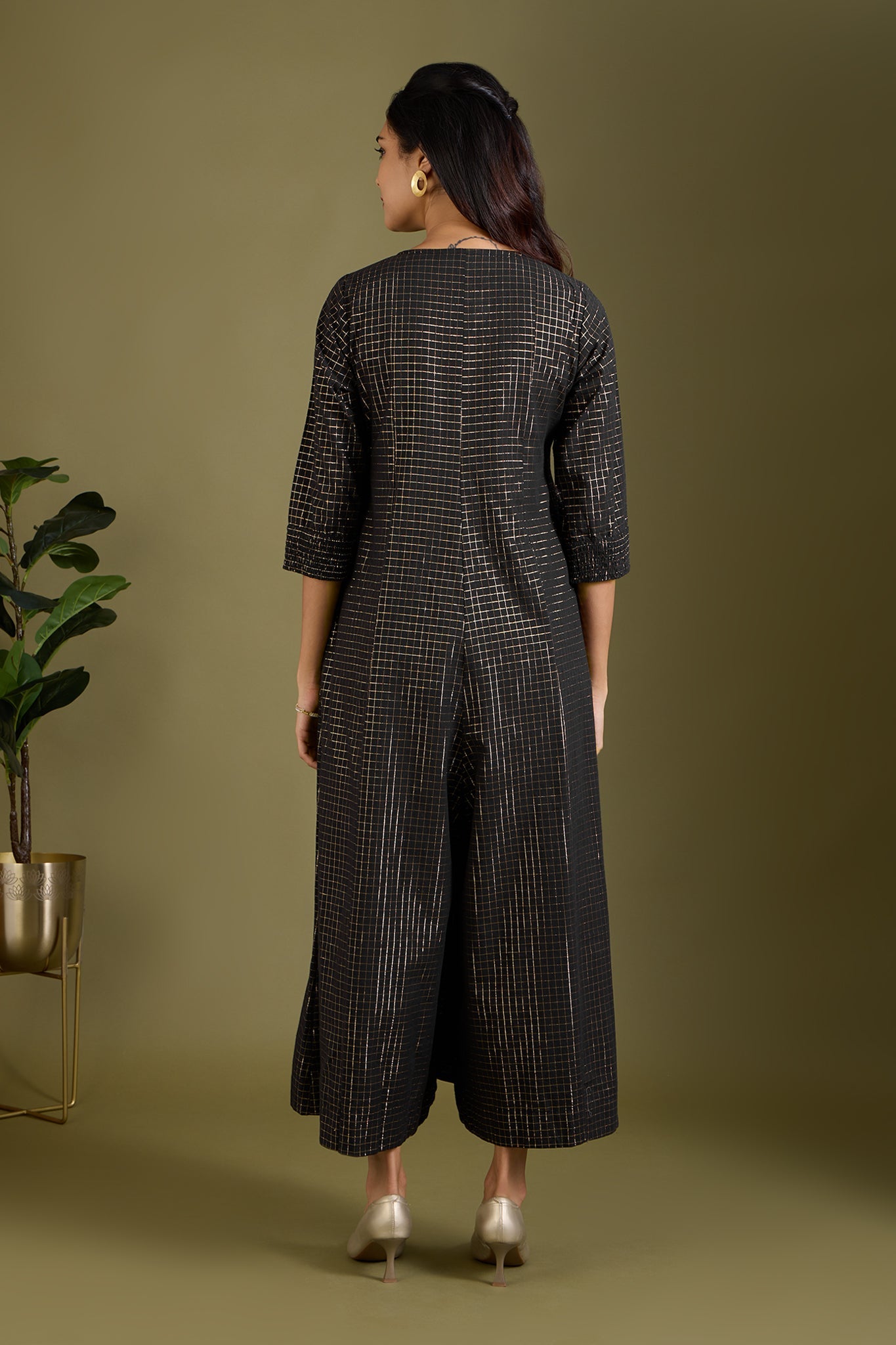 Maati Craft Noir Lattice Checks Jumpsuit with Pockets & Smocked Sleeve