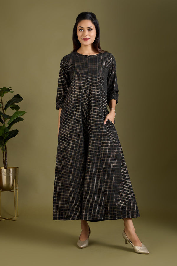 Maati Craft Noir Lattice Checks Jumpsuit with Pockets & Smocked Sleeve