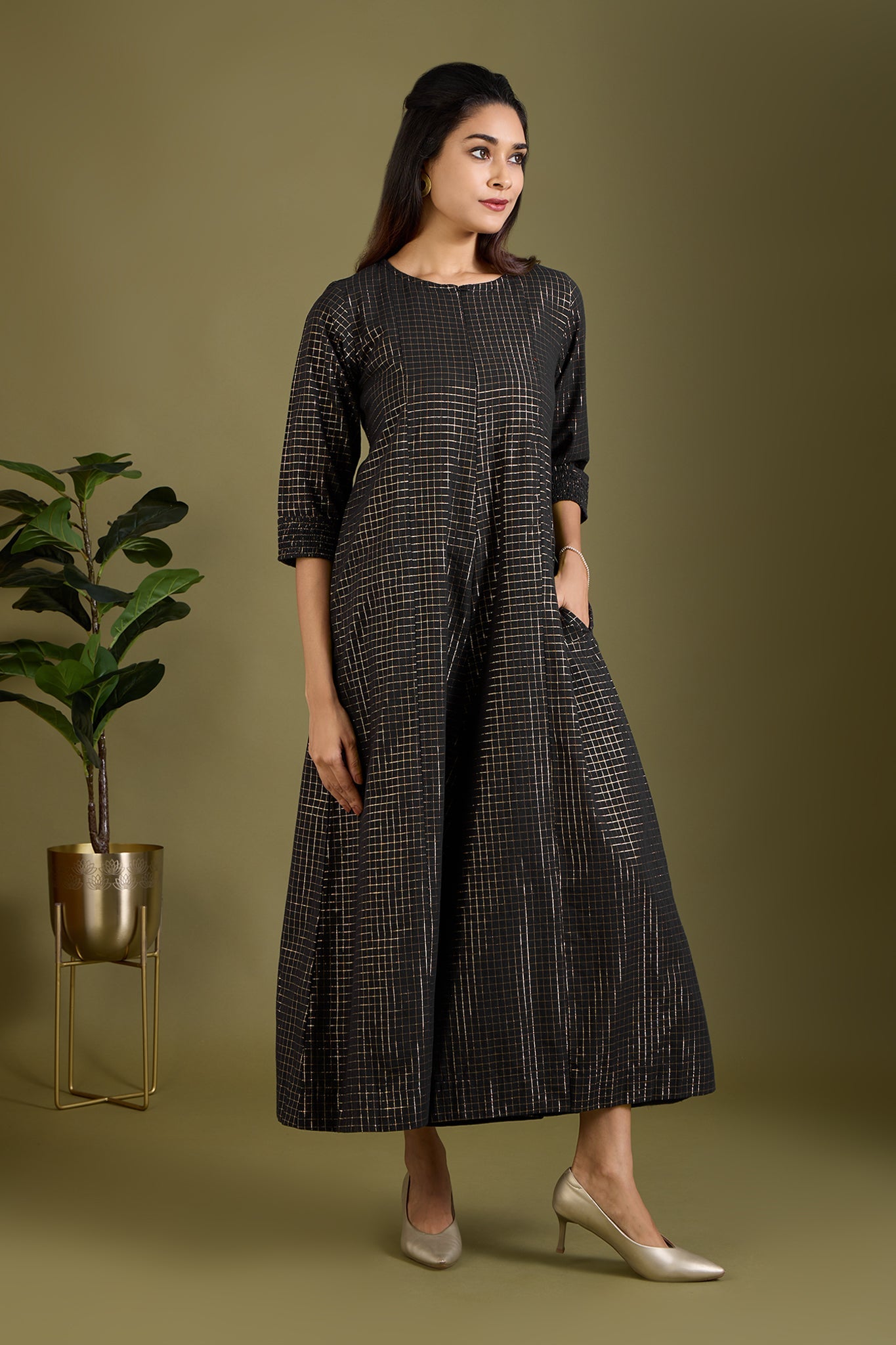 Maati Craft Noir Lattice Checks Jumpsuit with Pockets & Smocked Sleeve