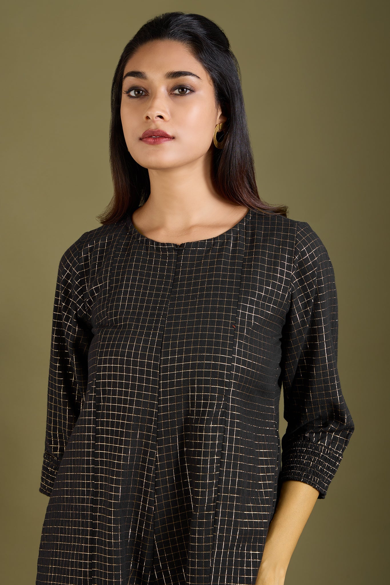 Maati Craft Noir Lattice Checks Jumpsuit with Pockets & Smocked Sleeve