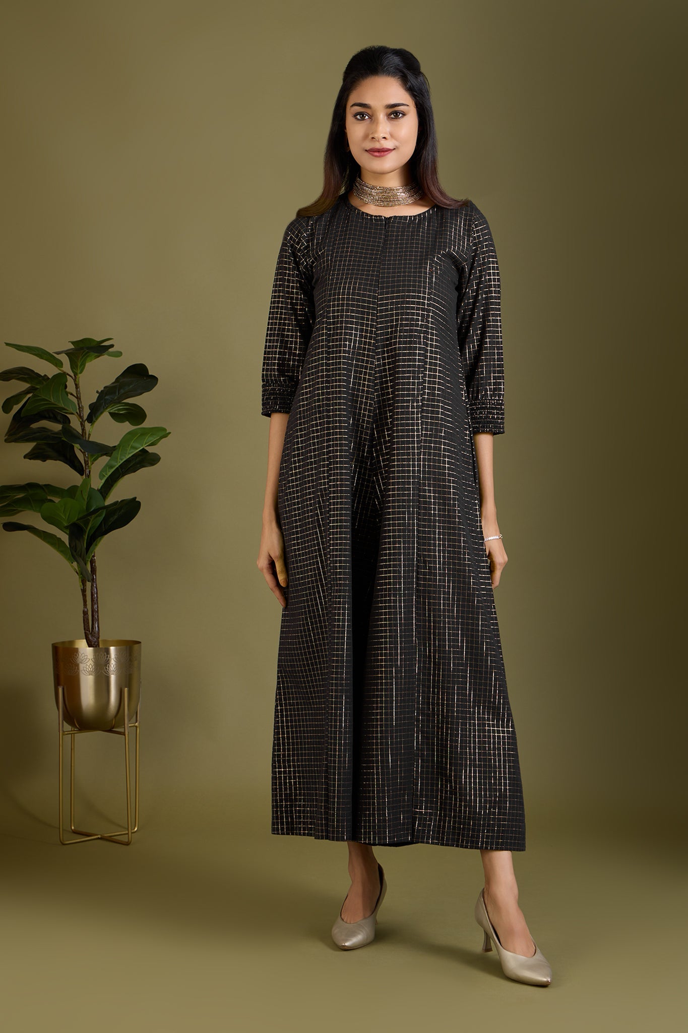 Maati Craft Noir Lattice Checks Jumpsuit with Pockets & Smocked Sleeve