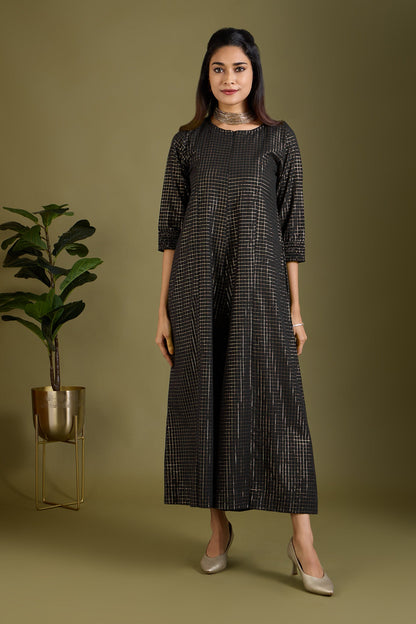 Maati Craft Noir Lattice Checks Jumpsuit with Pockets & Smocked Sleeve