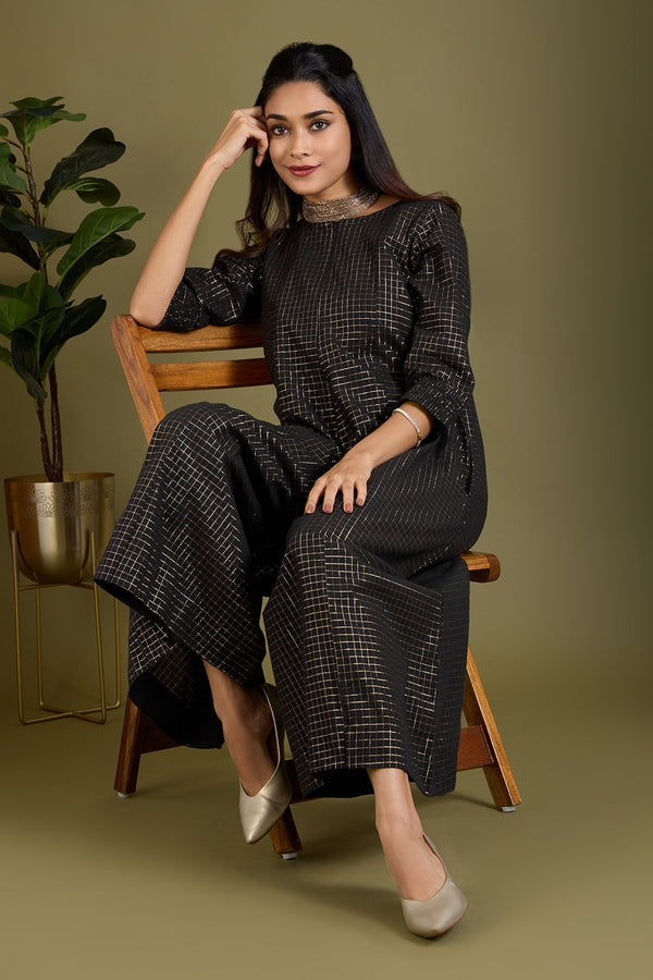 Maati Craft Noir Lattice Checks Jumpsuit with Pockets & Smocked Sleeve