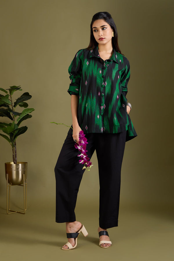 Maati Craft Emerald Noir High Low Hem Cotton Shirt