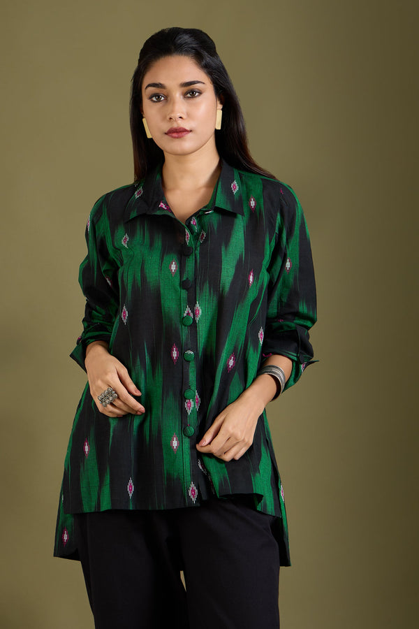 Maati Craft Emerald Noir High Low Hem Cotton Shirt