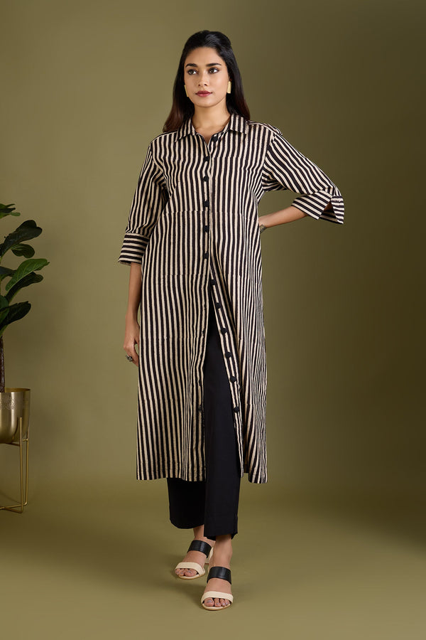 Maati Craft Earthy Noir Streak Long Shirt Dress