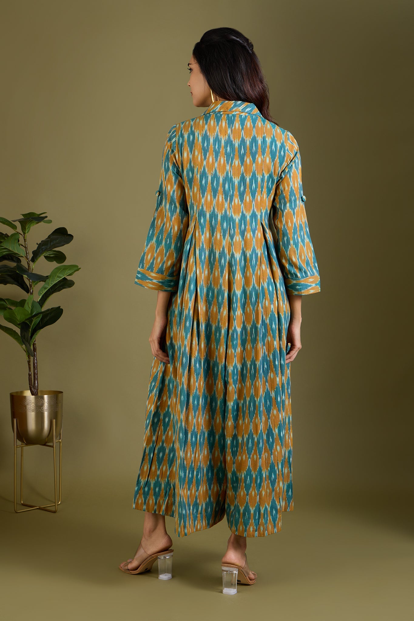 Maati Craft Sage and Saffron Cotton Jumpsuit with Pockets & Collar