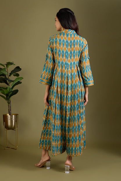 Maati Craft Sage and Saffron Cotton Jumpsuit with Pockets & Collar